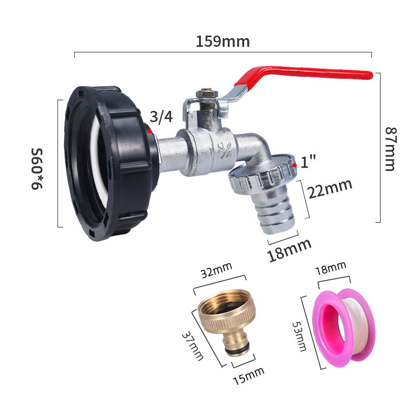 S60x6 Coarse Thread IBC Tank Tap Connecter x 1/2'' 3/4'' Water Coupling Adapter 1000L Garden Home Replacement Valve Fitting: grey