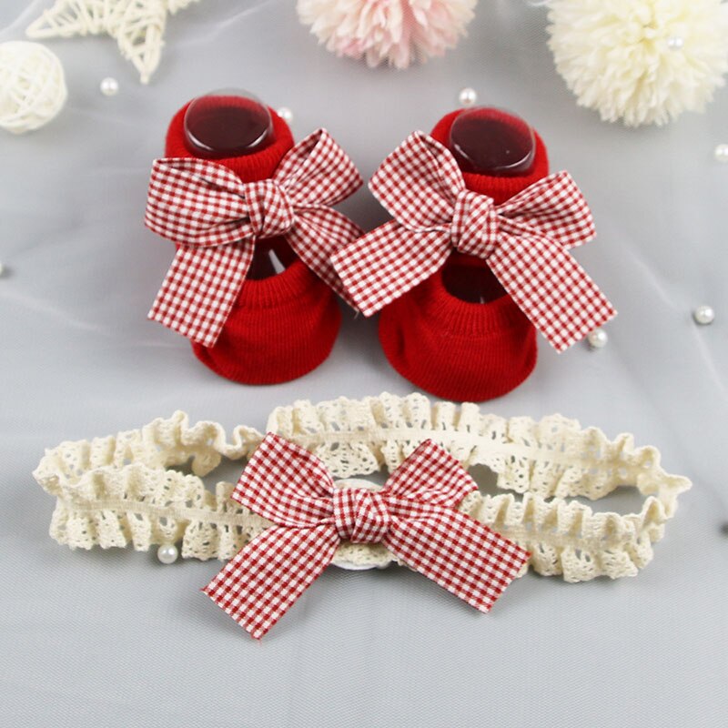 2Pcs Leuke Strik Babysokjes Hoofdband Set Zachte Baby Jongens Meisjes Sokken Anti Slip Baby Peuter Pasgeboren Sokken