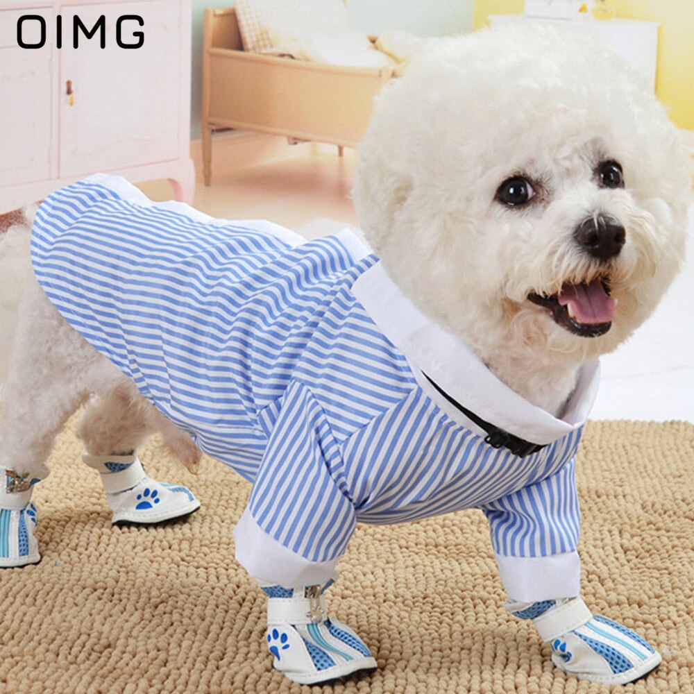 Oimg Zomer Puppy Kleding Pommeren Chihuahua Teddy Koppels Blauw Huisdier Kledingstuk Gentleman Jongen Hond Shirts Fancy Strepen Hond Jurken