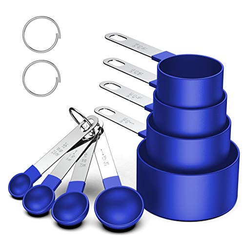 8 Pieces Plastic Measuring Cups and Spoons Set, Measure Cups with Stainless Steel Handle for Dry or Liquid Ingredient: Blue Full Set (8pc)