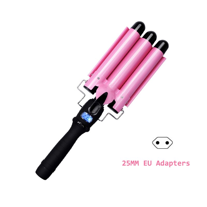 Fer à friser les cheveux Triple barils LCD affichage Tourmaline céramique bigoudi onduler bigoudis rouleaux outils de coiffure baguette de Styler: 25MM EU