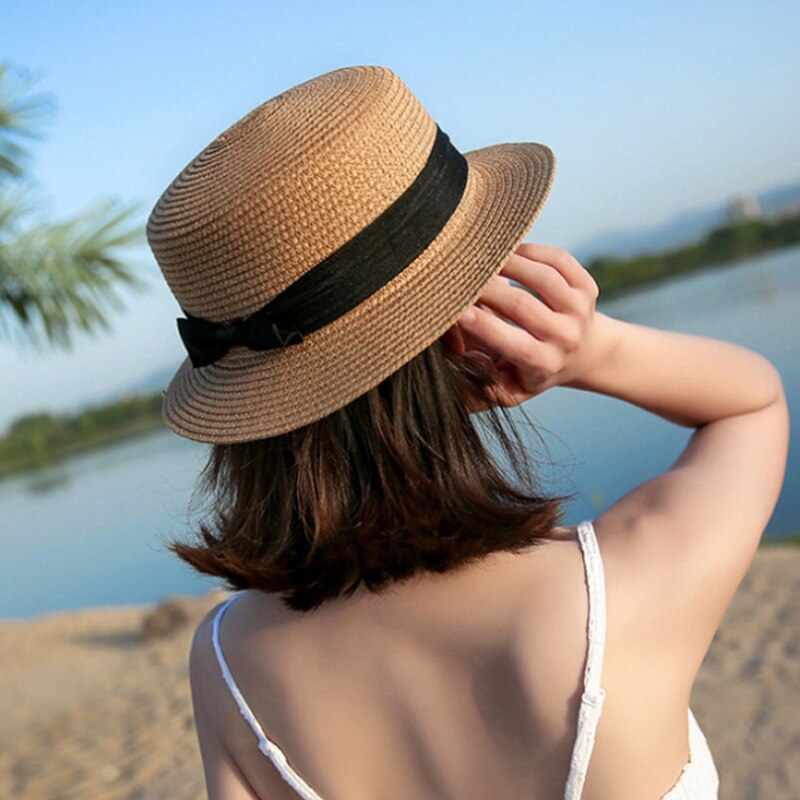 Kvinnor solhatt sommar strand stråhatt dam femme resor bowknot panama hatt platt hona