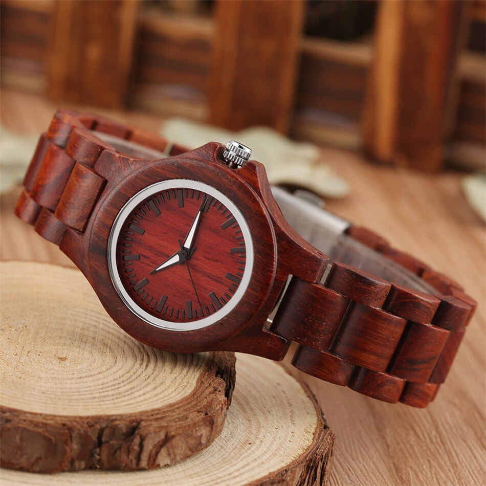 Vintage Rode Hout Vrouwelijke Horloges Quartz Natuurlijke Houten Quartz Bangle Horloge Minimalistische Vrouwen Horloge Vouwsluiting Uurwerk