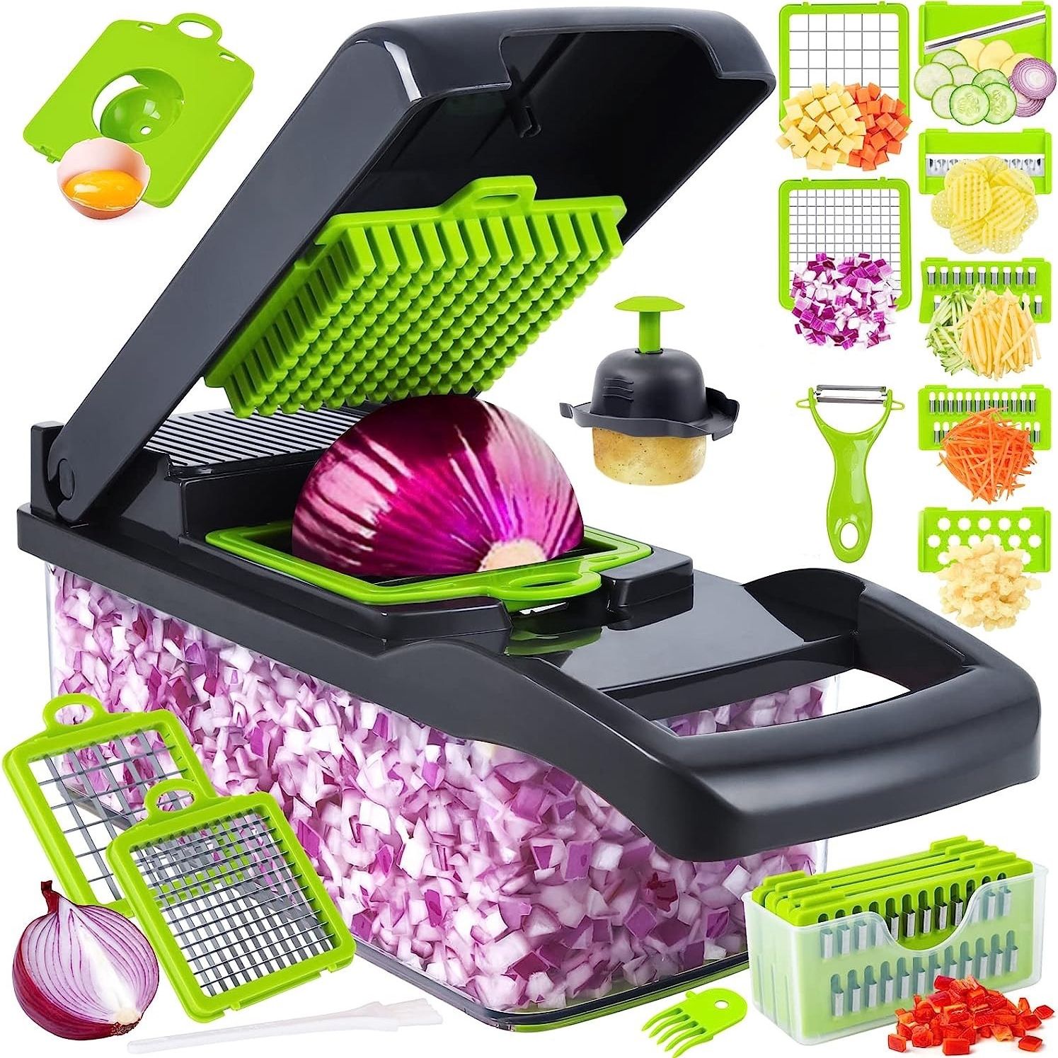 Cocina 14/16 in 1 multifunktionell grönsakshackare skivare strimlare med korg fruktskärare potatisstrimlare morotsmalningsprylar: Ljusgrå