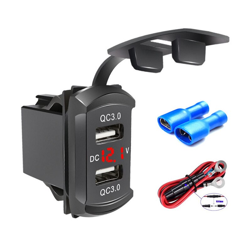 Quick Charge Dual QC3.0 USB Car Charger Fast Charge Socket Power Outlet with LED Voltmeter for 12V 24V Car Boat Marine: Red add cable