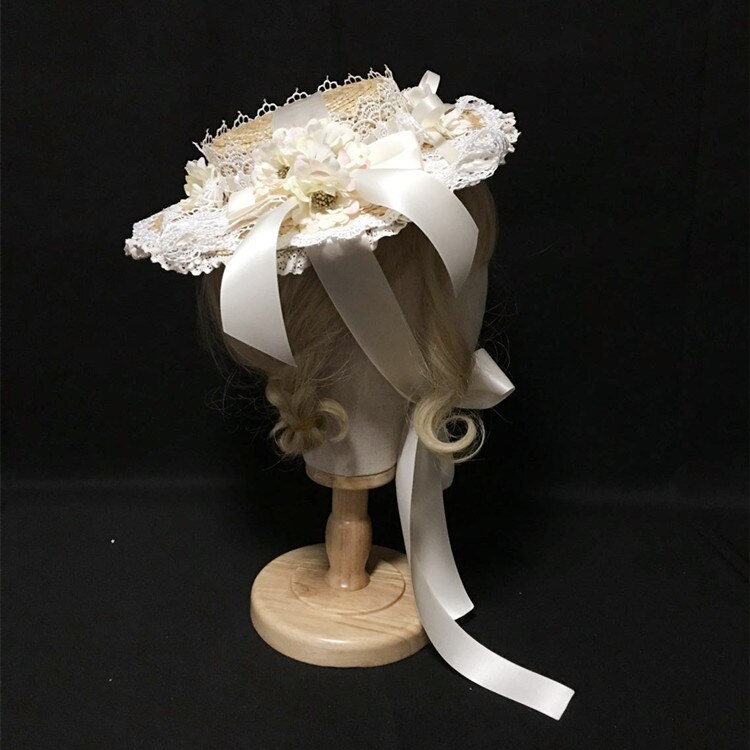 Cappello da donna fatto a mano in stile giapponese Lolita Mini cappello da sole in paglia copricapo nastro in pizzo fiore Cosplay Costume piatto cappello Fedora copricapo: WHITE