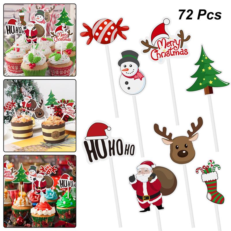 72 Stuks Kerst Cupcake Toppers Kerstman Boom Snowman Sok Snoep Thema Party Cake Toppers Picks Decoratie Benodigdheden