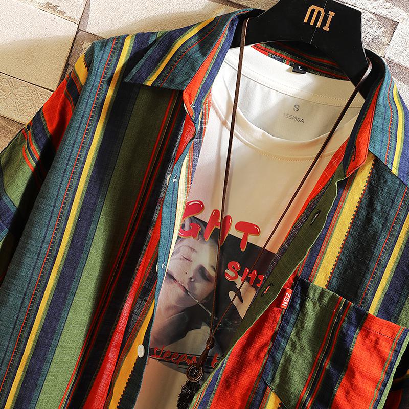 M -5xl vintage kortärmade skjortor för män plus storlek casual randig sommarskjorta regnbåge retro färgglada randskjortor xxxxxl