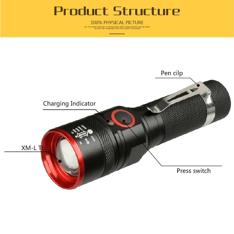 6000 Lumens Flashlight USB Rechargeable T6 LED Flashlight Torch Lamp Lantern 18650 Waterproof Bike LED Holding Clip Flash Light