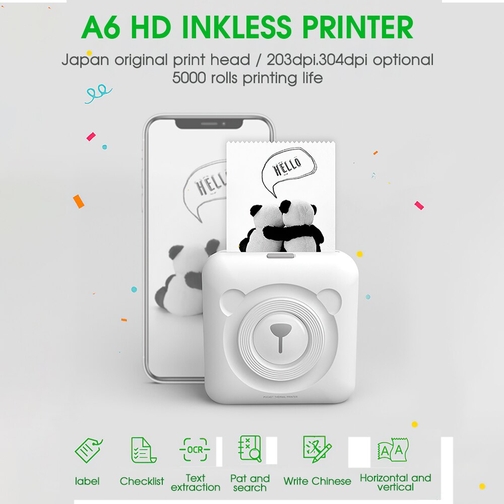 Mini Thermal Printer Portable Pocket Photo Printer Student Wrong Question Printer with Printer Paper for Android Windows Systems