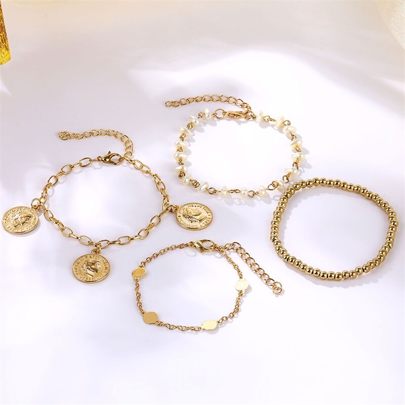 Vienkim Charme Neue mehrschichtig Münze Anhänger Perlen Kette Armbinde Gold Perle Pailletten Armbänder für Frauen Schmuck