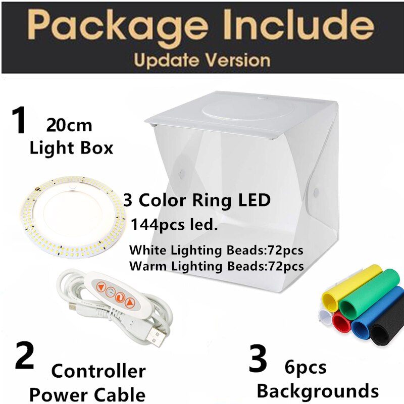 3 Color 144 Led Ring Folding Lightbox Portable Photo Studio Photography Softbox light box Tabletop Shooting 6 Colors Backdrops