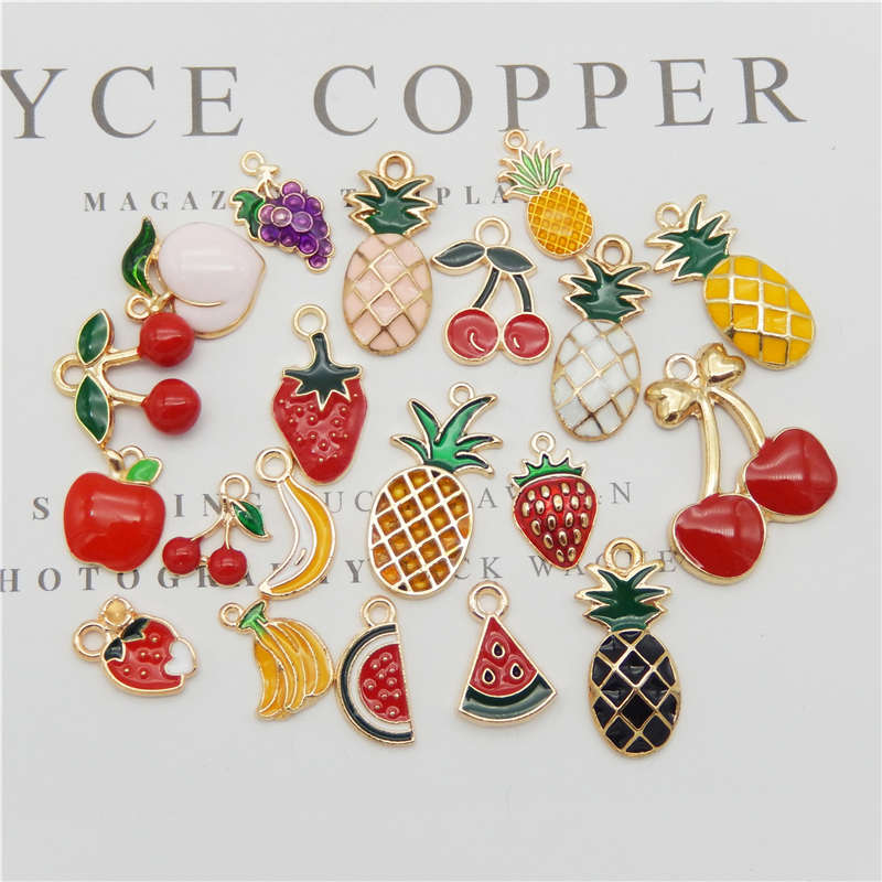 Julie Wang, 20 Uds., amuletos de fruta esmaltados, manzana mezclada, piña, cereza, fresa, tono dorado, fabricación de joyas de aleación, accesorio