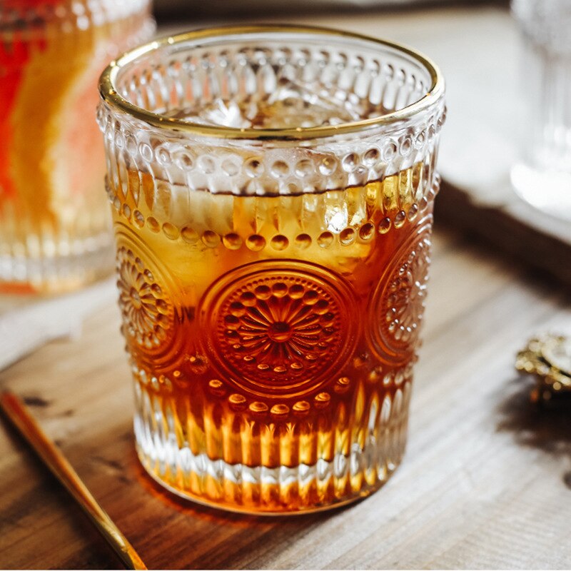 Nordisk retro relief solblomst glas vandglas vin juice mælk morgenmad guld indrammet glas