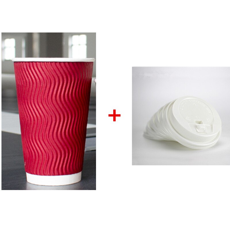 50Pcs Red Gegolfd Anti-Brandwonden Isolatie Dik Papier Cup 400Ml Wegwerp Koffie Sojamelk Drink Verpakking cups Met Deksel: cup and lid / 14oz 400ml 50pcs