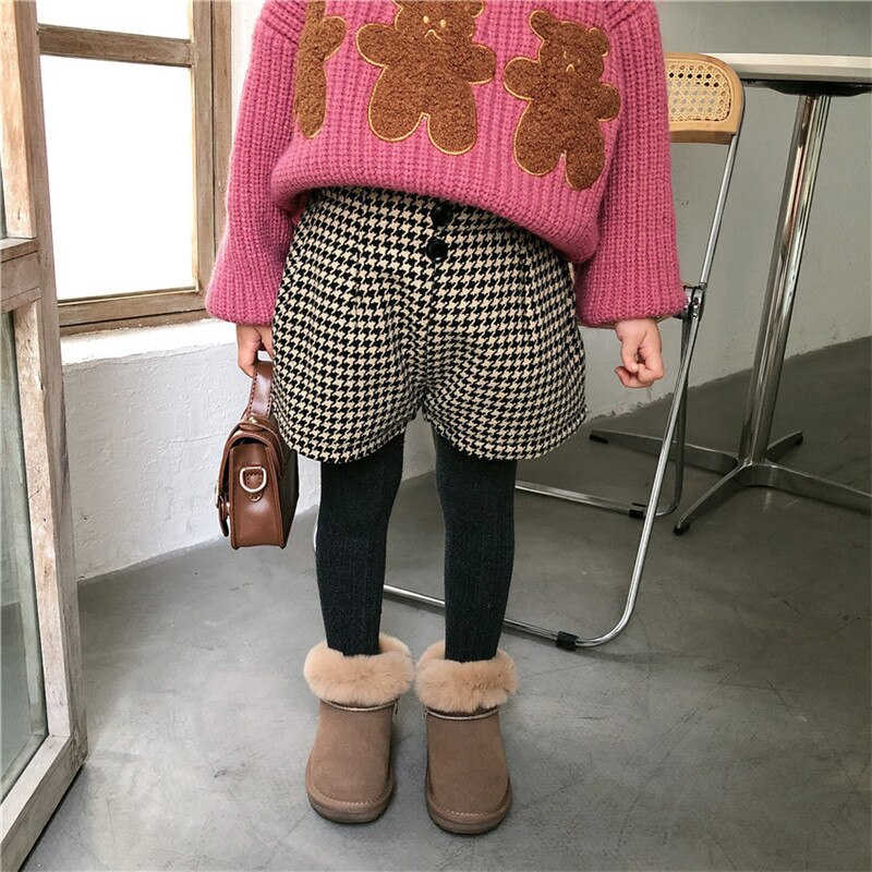 DFXD Kids Clothes Winter Baby Girl Houndstooth Shorts Pants Elastic Waist Button Shorts 1-8Y Toddler Girls Cotton Shorts
