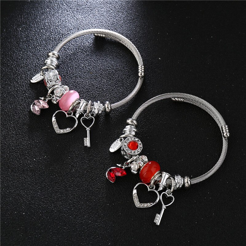 Crystal Swan Stainless Steel Bangles For Women Jewelry DIY Rhinestone Hollow Key Heart Love Cuff Bracelet Bangle