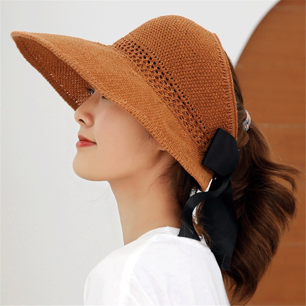 tSun hat foldable straw hat empty top sun hat female summer all-match hat sun hat to cover face outing: Brown