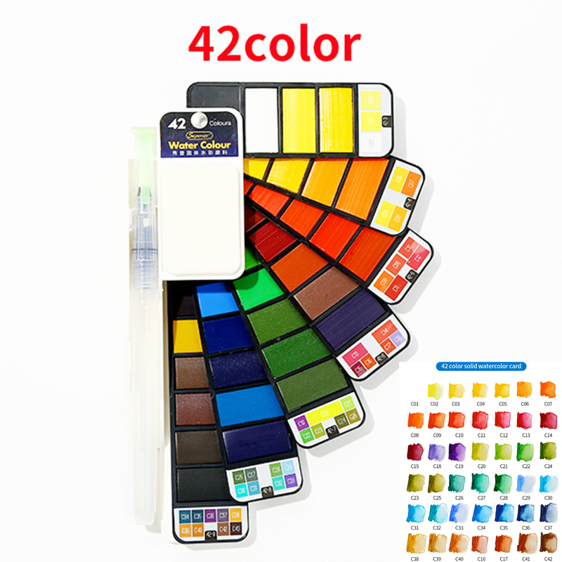 Set van 2 aquarelverf in  :18/25/33/42 kleuren, kunstset met waterpenseel, opvouwbaar aquarelverfpigment: 42 kleuren verfset