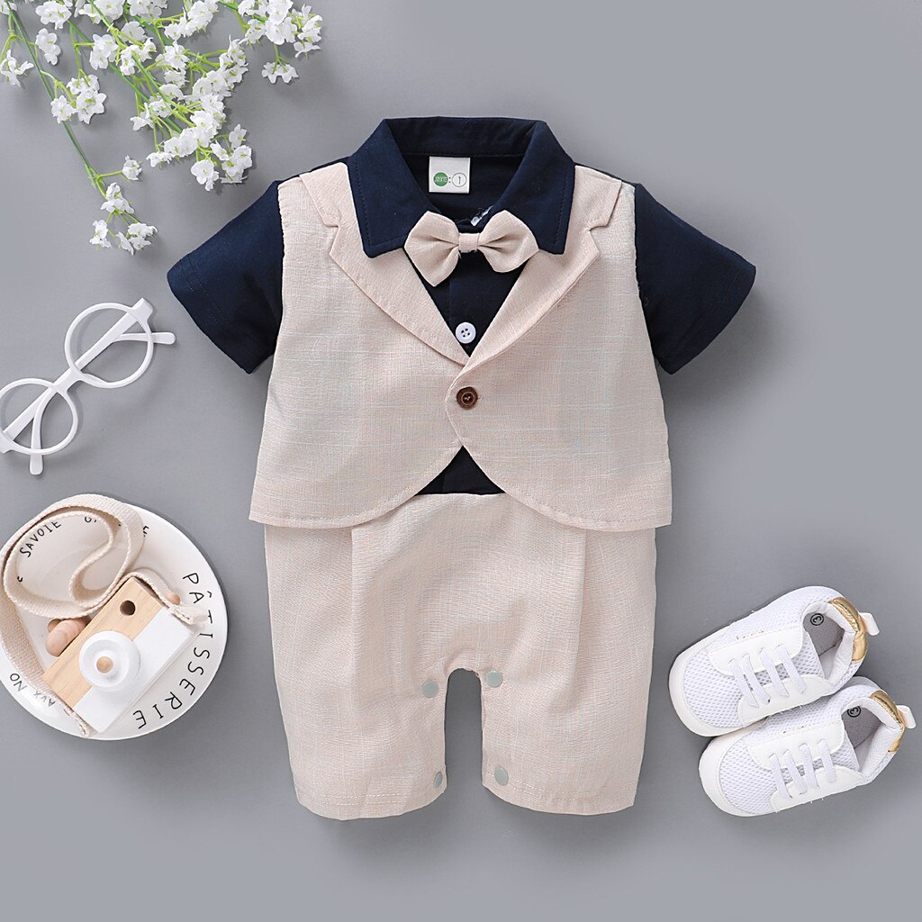 Neugeborenen Baby Jungen Kurzarm Gentleman Fliege Voll Body Overall Taste Kinder Niedliche Kleine Anzug Kleidung Baby Kleidung