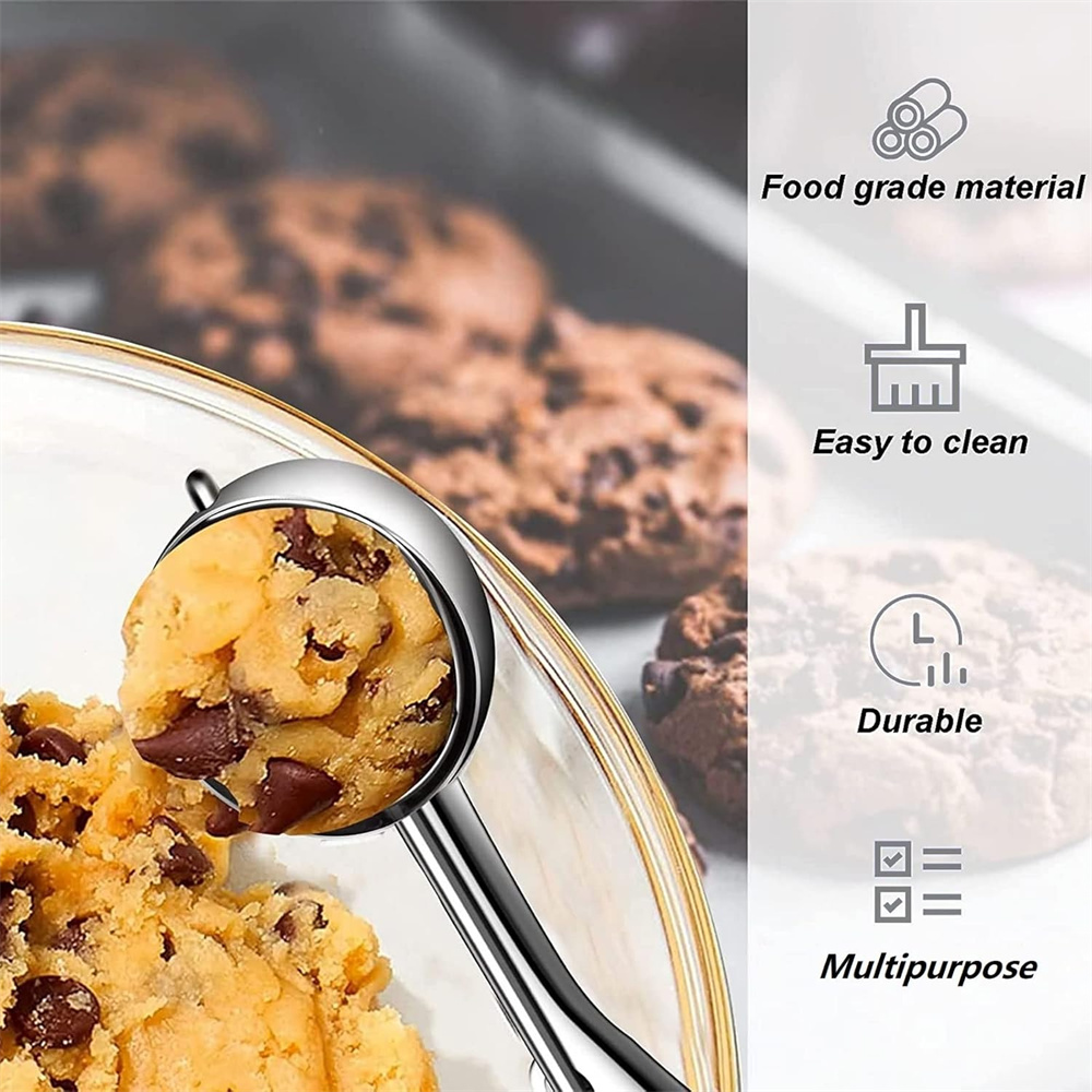 Cuchara de helado de acero inoxidable para hornear galletas, liberación de gatillo, cuchara para masa de galletas, herramienta de cocina antideslizante con resorte