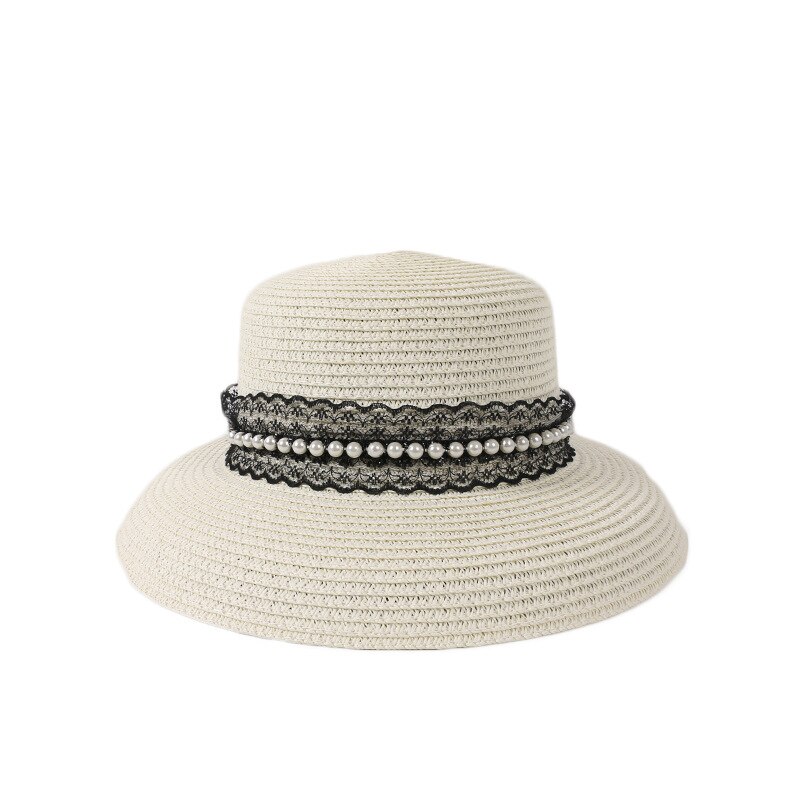 Modieuze strohoed strandhoed dames zomer strand zonnehoed buiten zonnehoed reizen grote dakrand zonnehoed: Wit zwart lint