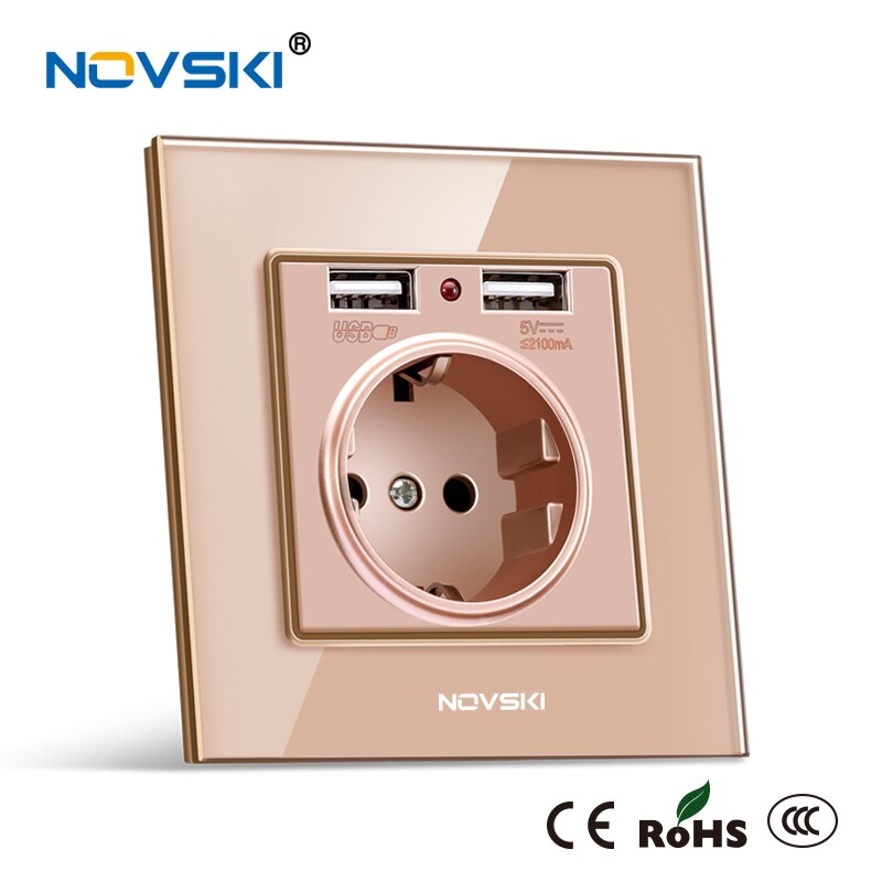 German Russian Wall Socket Grounded Dual USB 5V 2.1A Port Adapter Charging Wall Power Outlet Socket 86*86mm NOVSKI