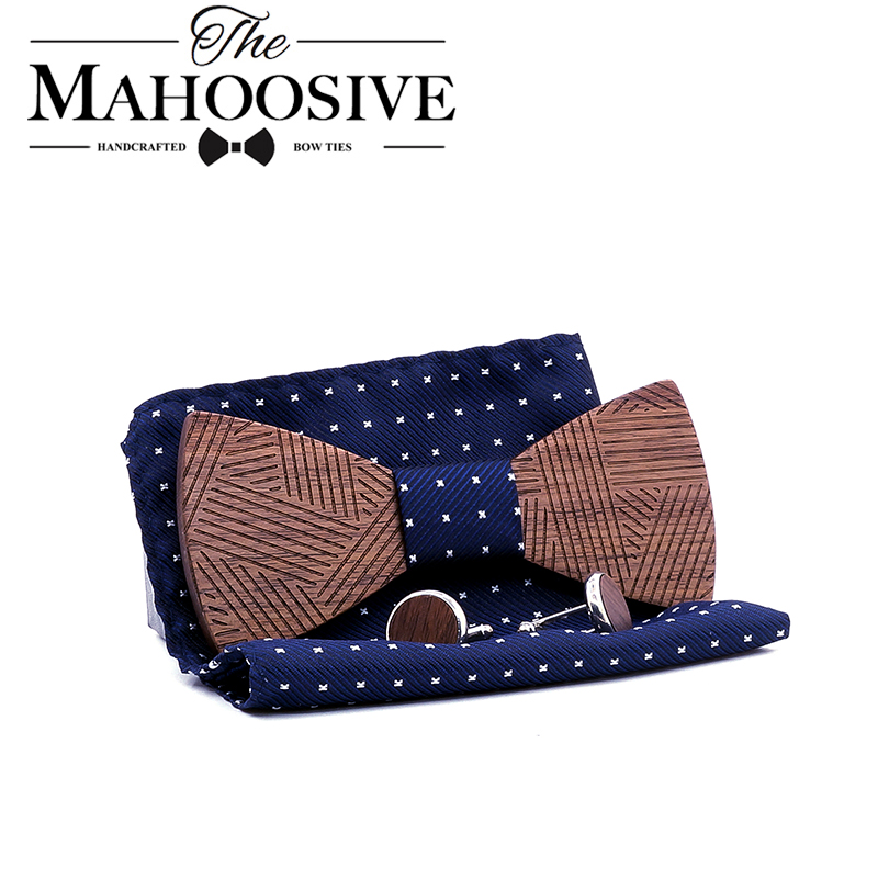 Conjunto de pajarita de madera a cuadros para hombre, conjunto de pajarita de madera a rayas, pañuelo y gemelos con caja de madera para hombre, de boda