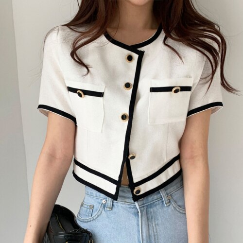 Woherb-Chaqueta para mujer ropa coreana con cuello redondo, abrigo de una botonadura, contraste de Color, fino corto, 92992: white / L