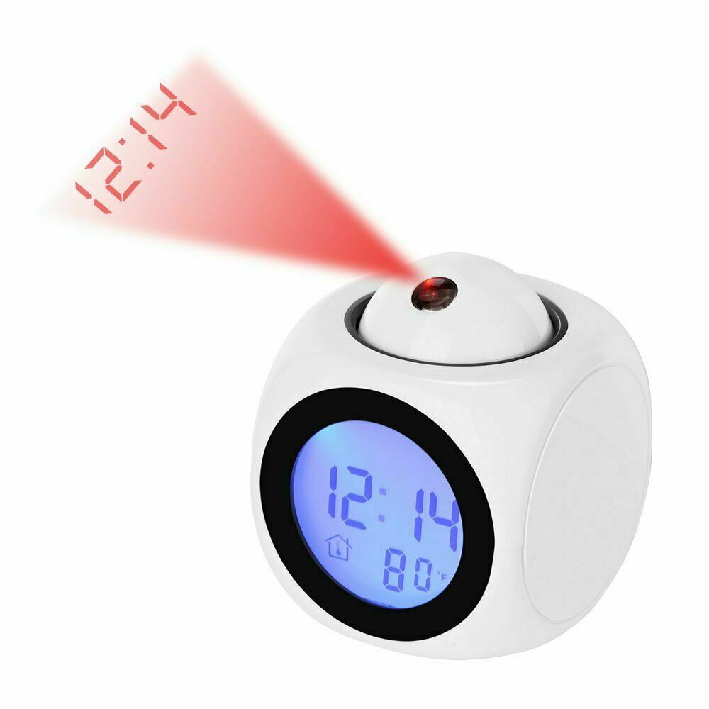 Digital Alarm Clock with Snooze LED Projector Temperature Desk Table Clock Projection Calendar USB Charge Desk Clock Home Decor: white