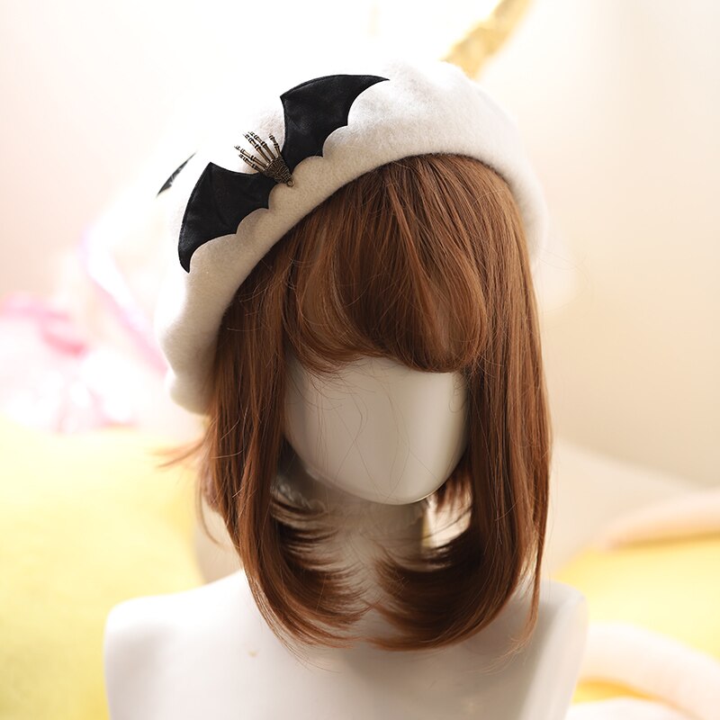 Qiu Dong Diablo Stijl Baret Gothic Lolita Bat Wing Skelet Handen Baret: white