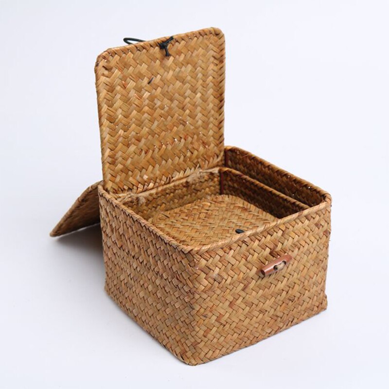 Seaweed Storage Basket Hand-woven Storage Box with Lid Sundries Cosmetic Organizer Rectangular Closet Organizer Laundry Basket