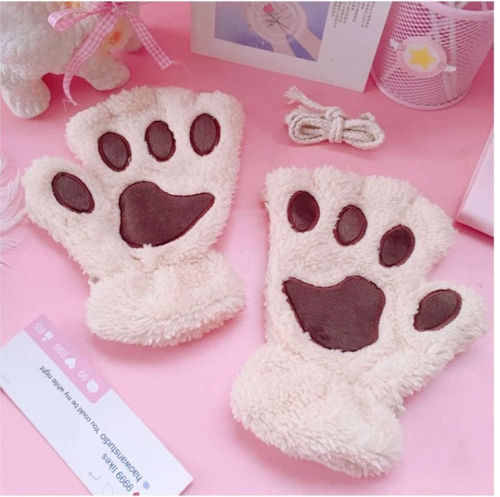 Kat Klauw Handschoenen Leuke Cartoon Kat Meisje Vingerloze Handschoenen Verdikte Pluizige Beer Poot Half Vinger Handschoenen: Beige