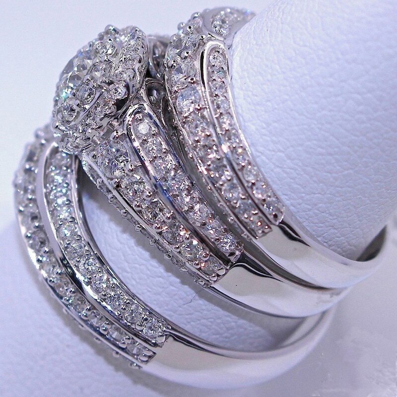 3 pçs/set Luxo Requintado Mulheres Anel de Cristal Branco de Noiva Banquete Cocktail Aniversário Anel de Noivado Anel de Casamento Conjunto de Jóias