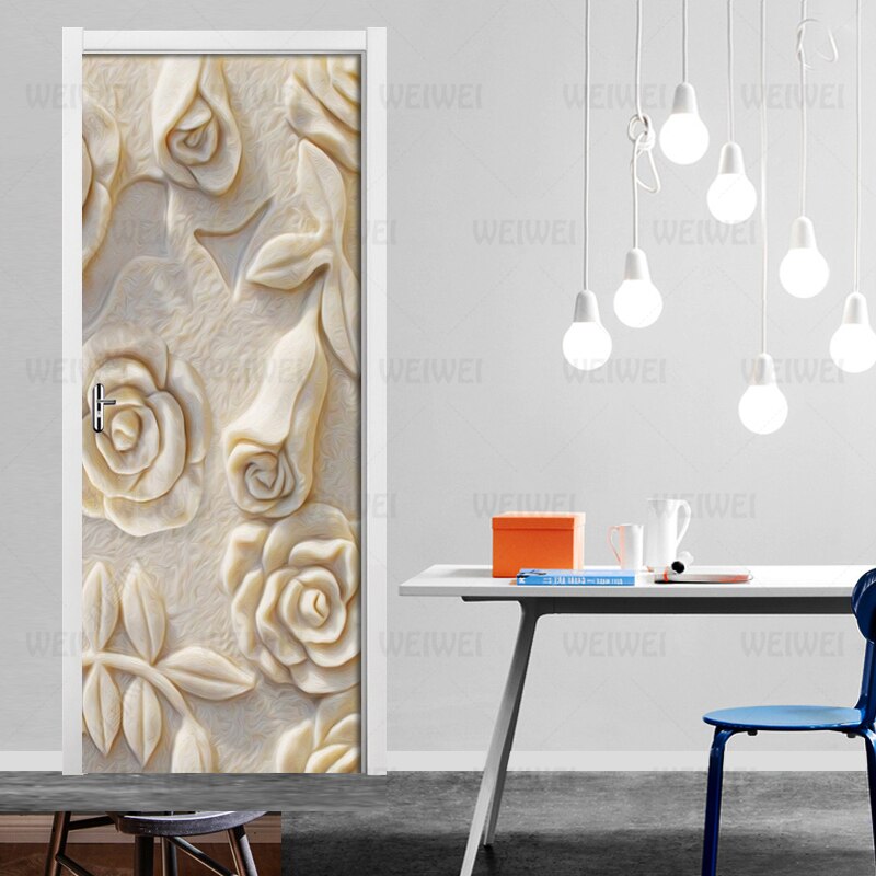 Home Decoration Door Sticker 3D Embossed Rose Wallpaper Living Room Bedroom Kitchen Waterproof Vinyl Door Mural Door Decal Mural