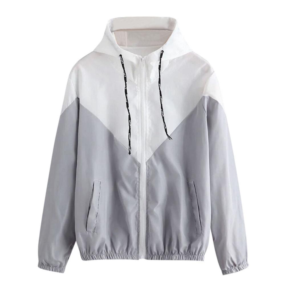 Frauen Langarm Jacke Patchwork Dünne Skinsuits Mit Kapuze Reißverschluss Taschen Sport Mantel Ich bin Freien Wandern Reiten Jacken Mantel Kleidung: Grau / S