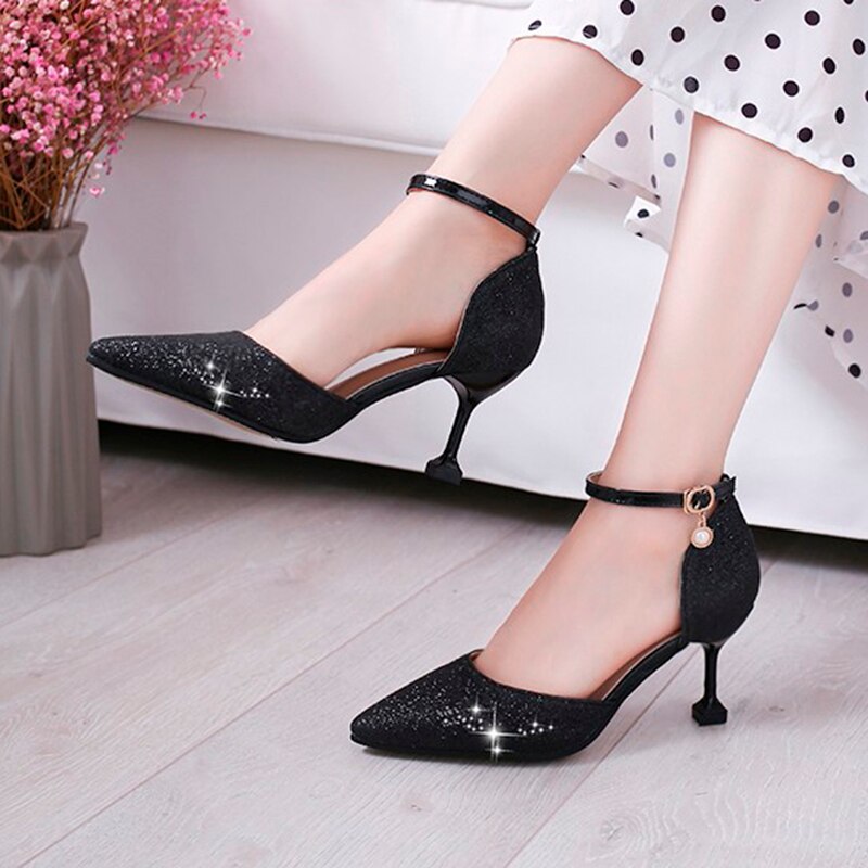 Plus size 43 kvinnor bröllopsskor guldklackar ankelrem pumps höga klackar silver brudskor kvinna bling klänning skor 7729