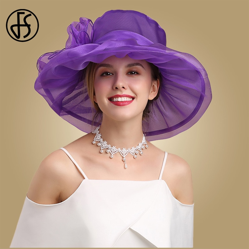 Sombreros de Organza de ala ancha para mujer, sombreros para la Iglesia, sombreros para el sol con flores grandes, plegables, color blanco y rosa, color púrpura