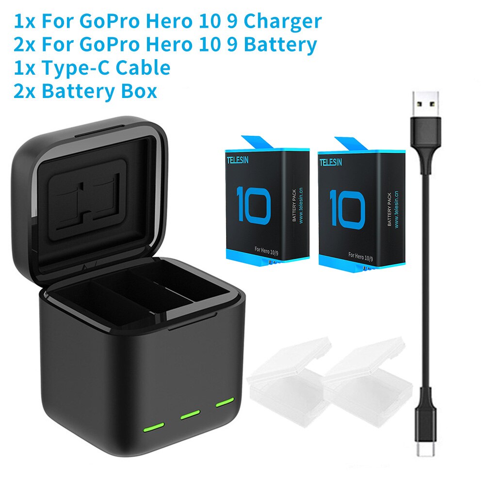 TELESIN For GoPro 10 9 Battery 1750mAh 1220mAh 3 Slots LED Light Charger Box TF Card Storage For GoPro Hero 5 6 7 8 9 10 Black: 2B For 9 10