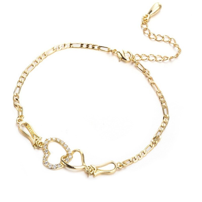 Doreen Box Anklet Heart Cubic Zirconia Gold Silver Color On Foot Ankle Bracelets For Women Leg Jewelry 25cm Long, 1 PC: gold