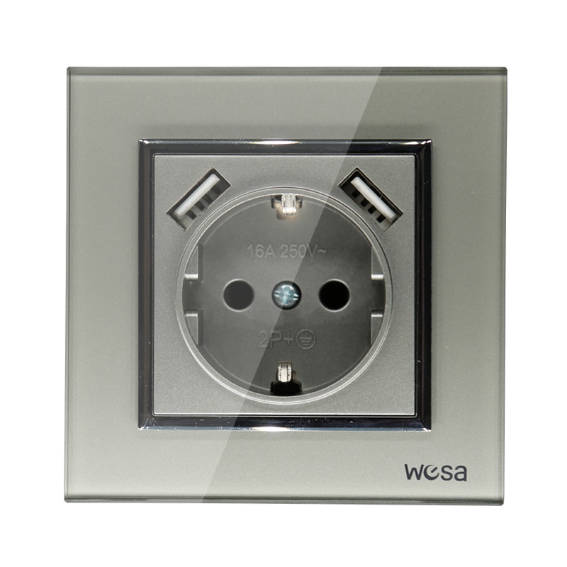 USB Muur Socket Glas Europese standaard muur adapter 5v 2A connector uitgang grijs color16A 250V FBW-19