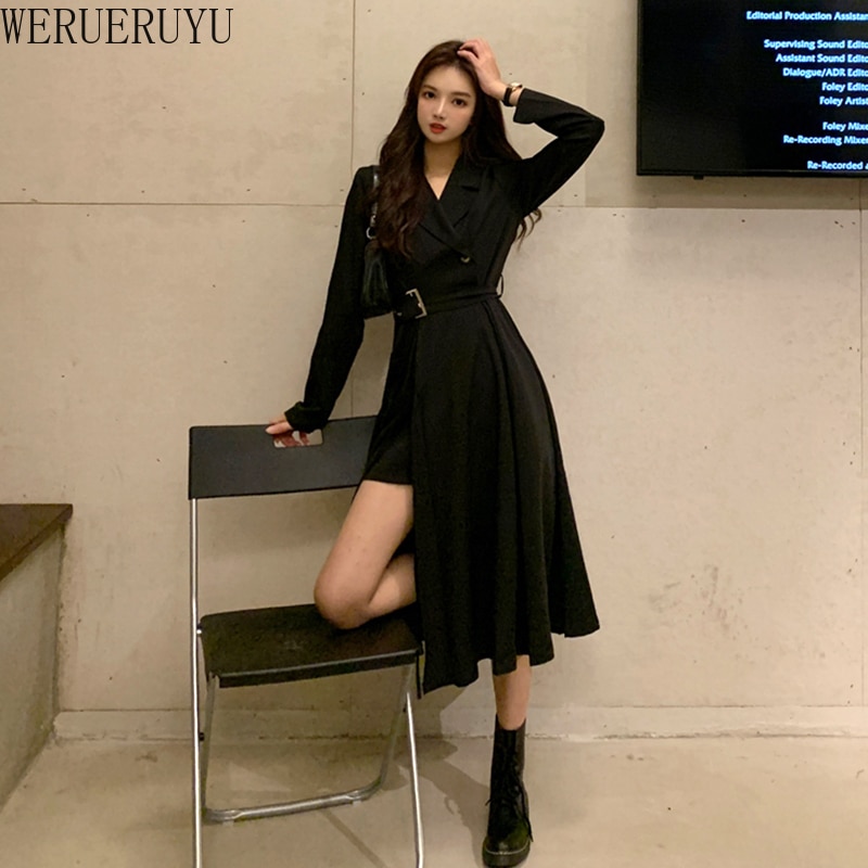 WERUERUYU-vestido negro de verano para mujer, ajustado, de cintura alta, escote en V profundo, manga larga, de ,