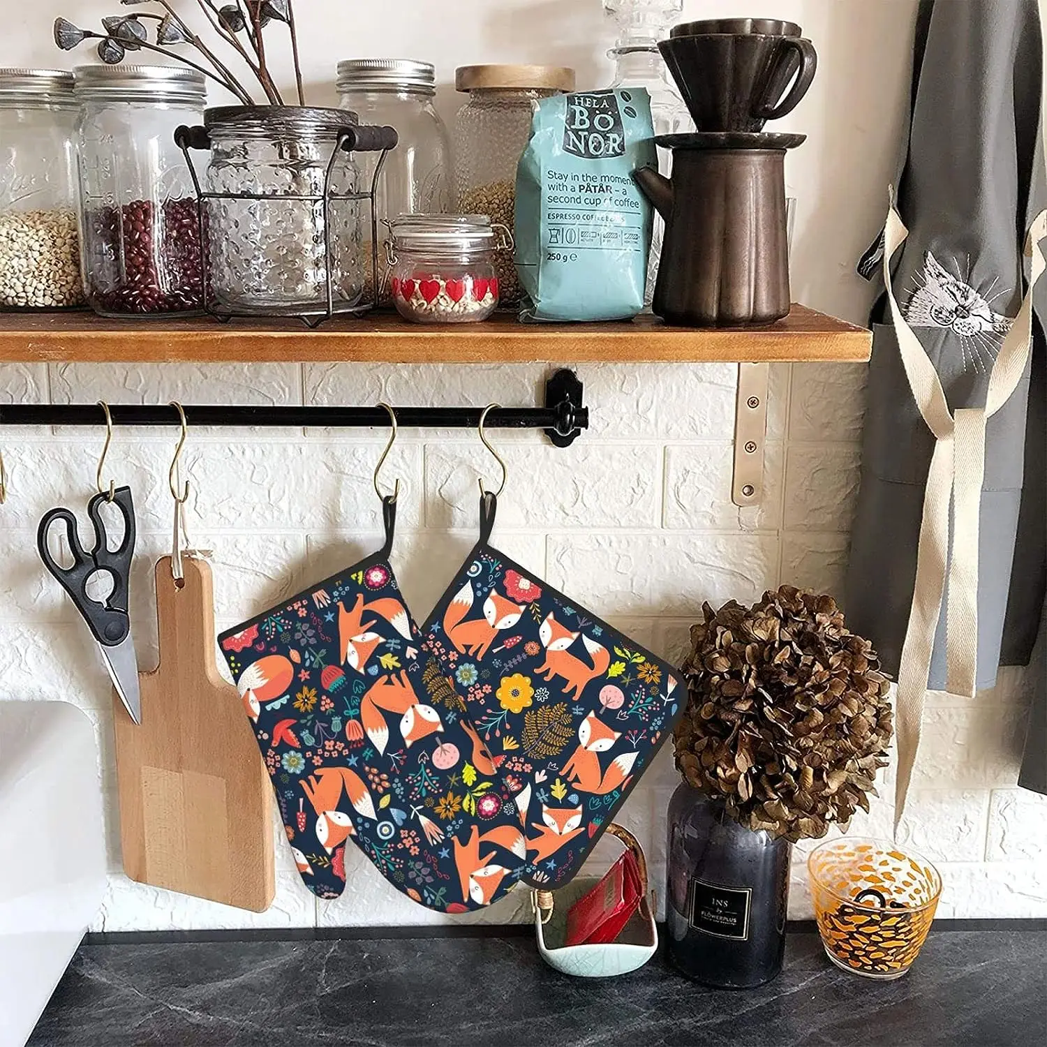 Fuchs ofenhandschuhe und topflappen-sets,  of 2 hitzebeständige, rutschfeste ofenhandschuhe und topflappen zum kochen, backen, grillen und bbq