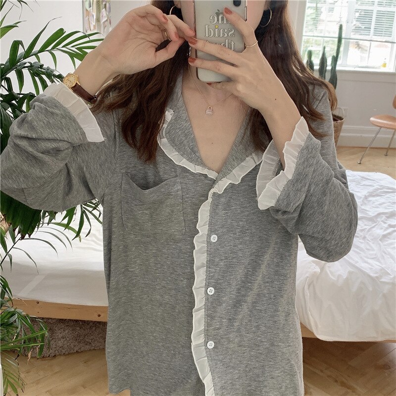 XIFER Pure Cotton Women Pajamas Autumn Style Ruffled Pajamas Long-sleeved Trousers Korean Home Service Two-piece Suit Women: A