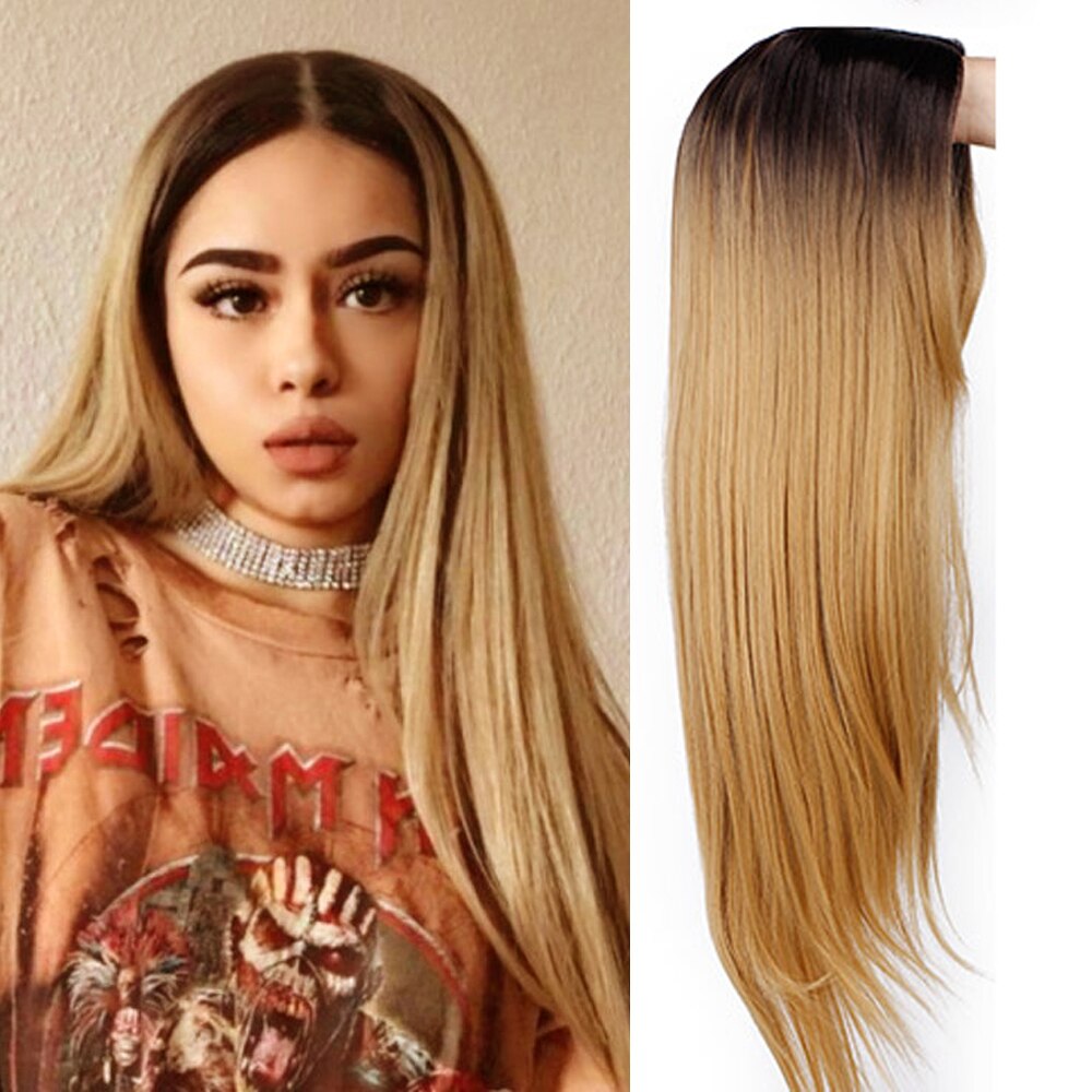 Stamped Glorious 26inches Synthetic Wig Straight Long Black Wig MiddlePart Heat Resistant Fiber Hair Wigs for women: yellow