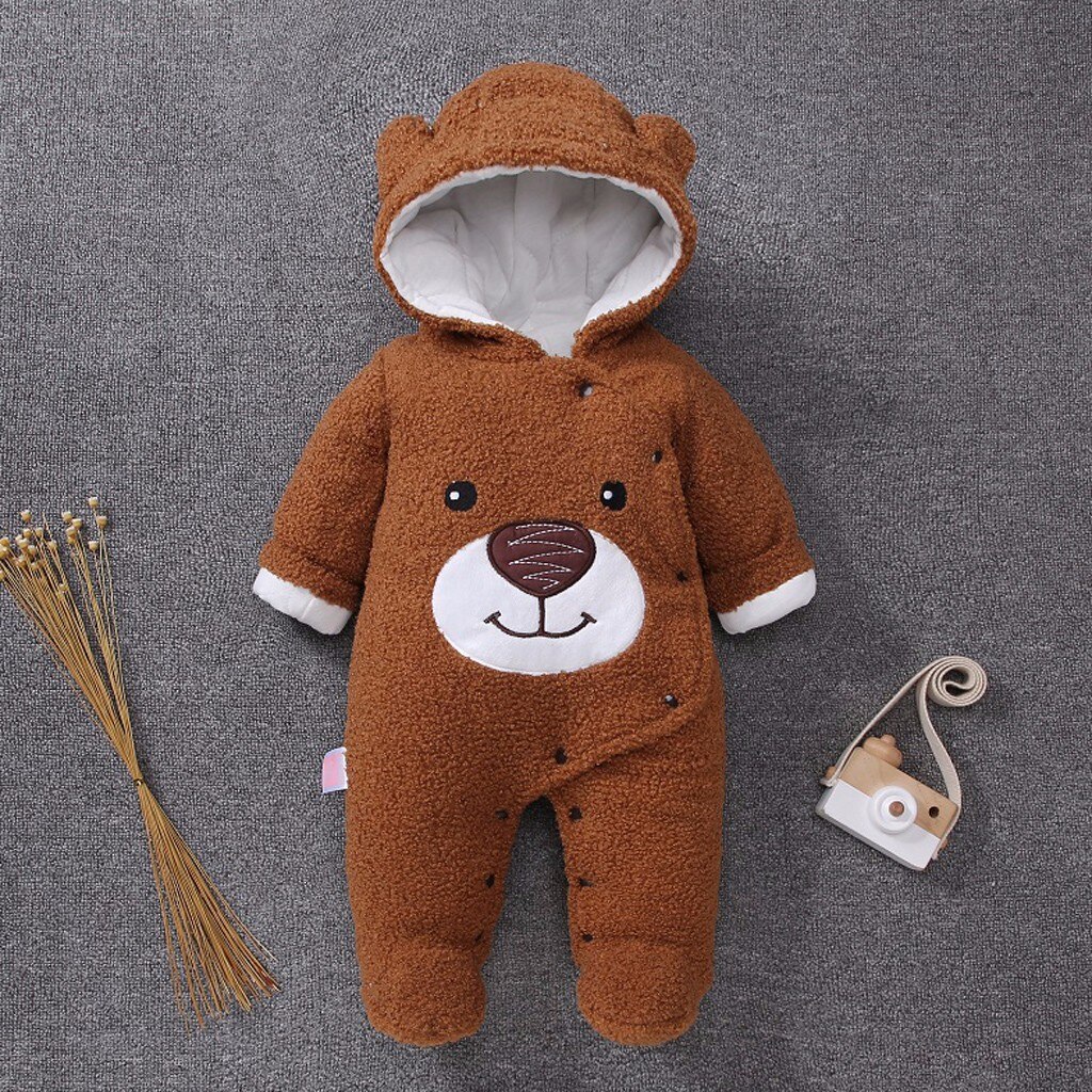 MUQGEW baby jumpsuit bear Baby Girls Boys romper Winter hooded baby rompers born baby clothes Zip Thick Snowsuit WY8: Brown / 12M