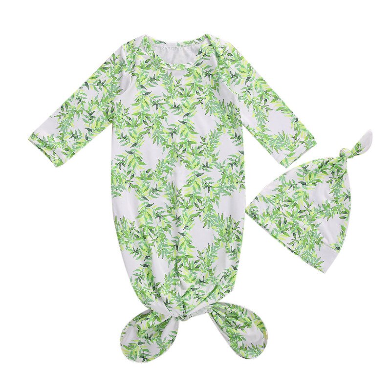 Lente Herfst Baby Nachtkleding 2 Stuks Bloemen Gedrukt Ronde Kraag Lange Mouwen Een-Stukken + Leuke hoed Set Voor Peuter, jongens, Meisjes: b