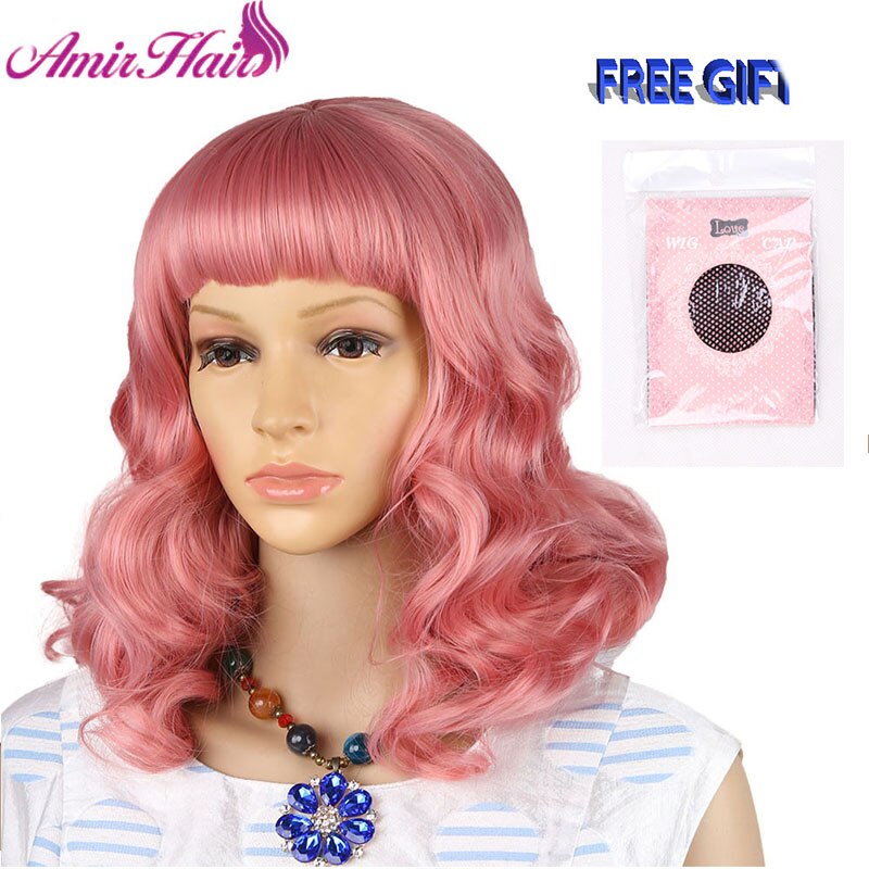 Amir Body Wave Synthetic Wigs With Bangs Medium Length Bob Hairstyle Cosplay Wigs For White/Black Women Heat Resistant Fiber: Pink