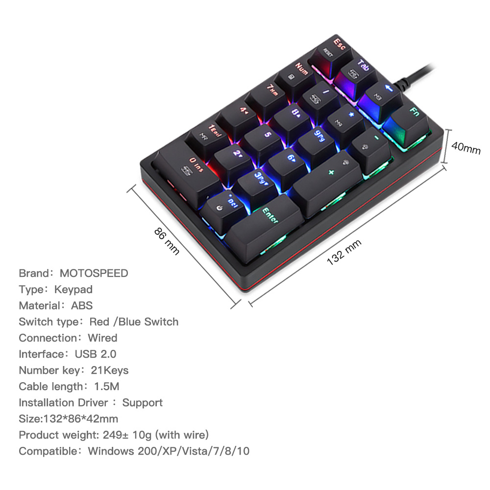 Motospeed K24 Macro Mechanical Numeric Keypad Wired 21 Keys RGB Backlight Numpad Gaming Keyboard Red Blue Switch For PC Notebook