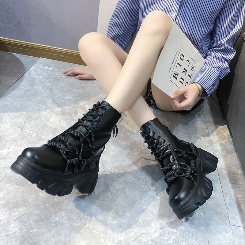 Black Punk Style Platform Women Ankle Boots Cross Strap Chunky Heels Boots Woman Waterproof Pu Leather Shoes